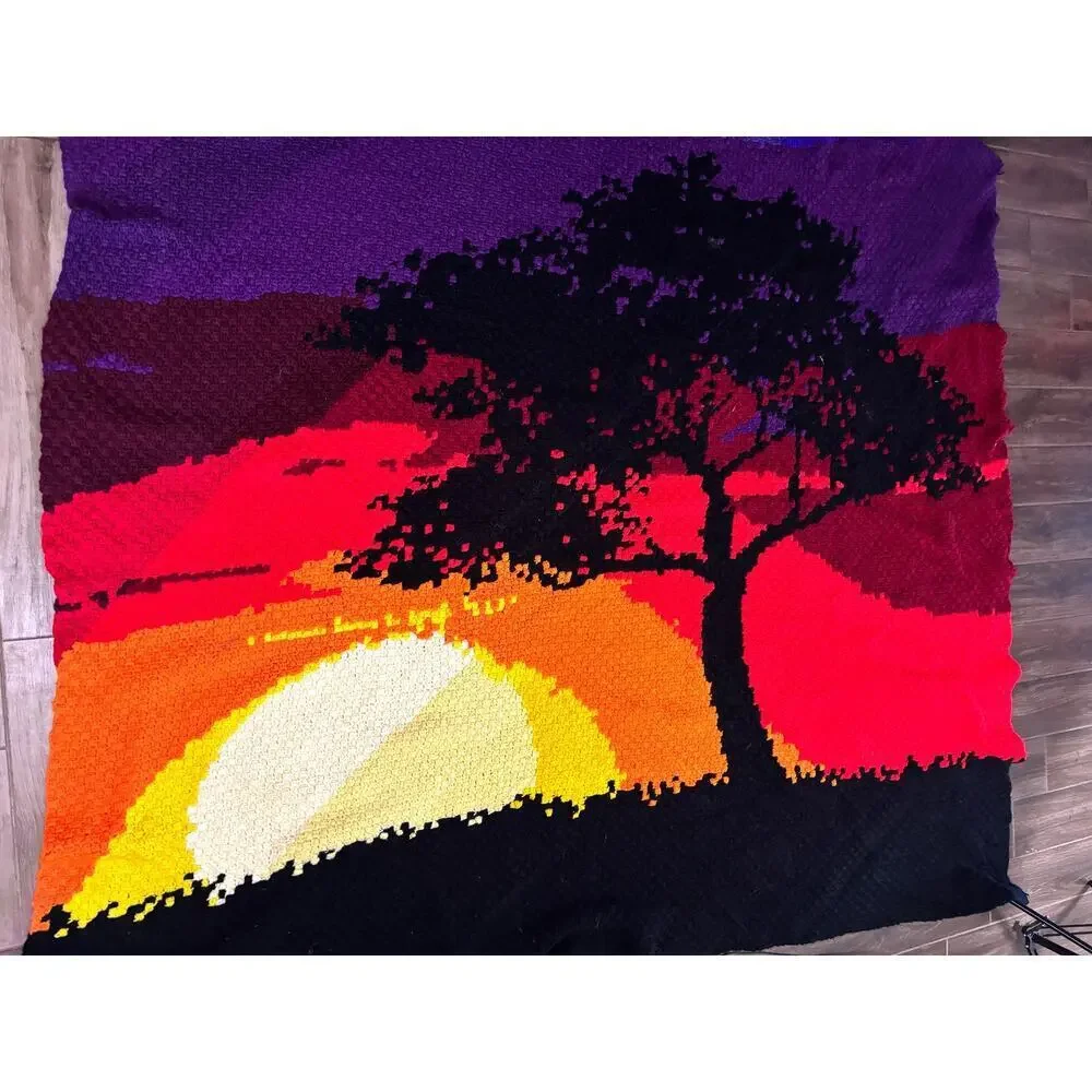 Vintage Crochet Summer Sunset Landscape‎ Afghan Tapestry Throw Blanket Handmade